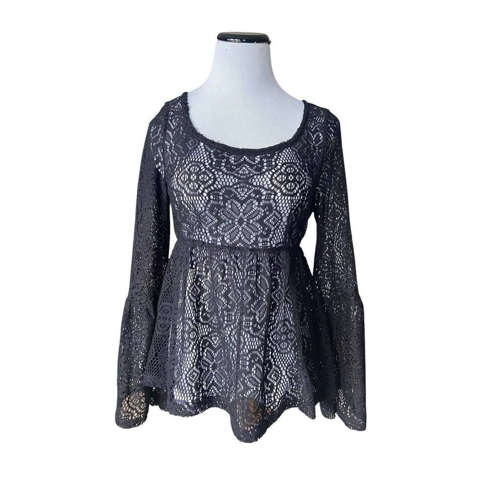 Lace Babydoll Top Womens XL Black‎ Bell Sleeves Fairy Boho Whimsygoth Y2K Witchy
